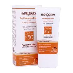 ضد آفتاب کرم پودری 2 در 1 رنگی SPF50 هیدرودرم پوست چرب | Hydroderm Tinted Total Sunscreen Cream 2 in 1 Make up And Sunblock SPF50