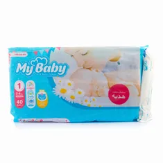 پوشک کامل بچه سایز 1 مای بیبی به همراه دستمال مرطوب  | 40-pcs Size 1 New Born Baby Diaper with Wet Wipes - My Baby
