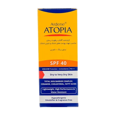 تصویر کرم ضد آفتاب و رطوبت‌ رسان بی رنگ پوست خشک و خیلی خشک SPF 40 آتوپیا آردن
