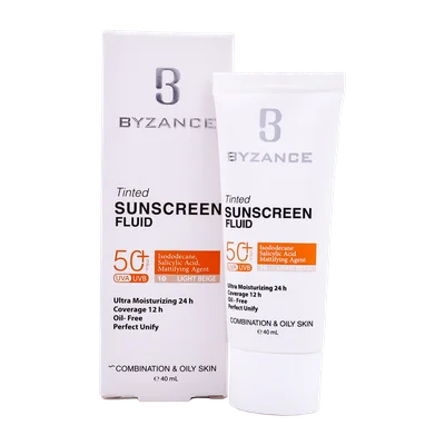تصویر فلوئید ضد آفتاب رنگی SPF50 پوست چرب بیزانس
